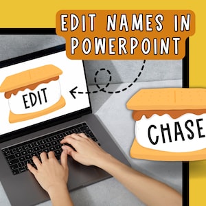 May include: A laptop computer with a person's hands typing on the keyboard. The screen shows a cartoon image of a s'more with the word "EDIT" on the marshmallow. An arrow points to a second s'more with the word "CHASE" on the marshmallow. The text "EDIT NAMES IN POWERPOINT" is in a speech bubble above the laptop.