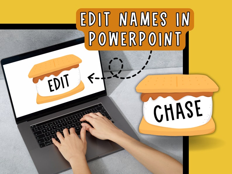 May include: A laptop computer with a person's hands typing on the keyboard. The screen shows a cartoon image of a s'more with the word "EDIT" on the marshmallow. An arrow points to a second s'more with the word "CHASE" on the marshmallow. The text "EDIT NAMES IN POWERPOINT" is in a speech bubble above the laptop.