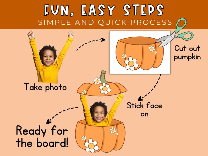 May include: A step-by-step guide on how to create a fun pumpkin craft. The instructions include taking a photo, cutting out a pumpkin shape, and sticking the photo inside the pumpkin.