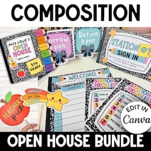 Peut inclure: Un ensemble pour portes ouvertes de classe avec des motifs de cahier de composition noir et blanc, des panneaux colorés et des étiquettes. Le texte inclut Miss Lowe's Open House, Station 1 Sign In, Station Checklist et Teacher Pick avec des pommes.