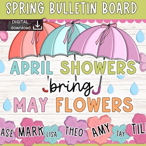 Spring Bulletin Board | April class decor | april showers bring may flowers bulletin | coquette classroom decor | easy bulletin board kit