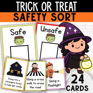 May include: A Halloween-themed educational game with the text "TRICK OR TREAT SAFETY SORT". The game includes cards labeled "Safe" and "Unsafe", with illustrations of a witch, a house, a vampire, and a pumpkin.