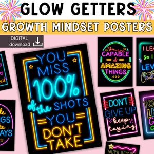 Neon motiverend prikbord | positief bulletin | quotes deurdecoratie |  neon heldere poster groeimindset | inspiratie klasinrichting