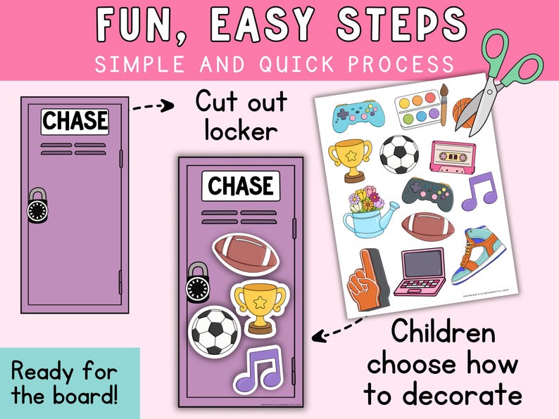 May include: A pink and purple illustration with the text "FUN, EASY STEPS" and "SIMPLE AND QUICK PROCESS". The image shows a locker with the name "CHASE" and stickers of sports equipment and other items. The text "Ready for the board!" and "Children choose how to decorate" are also included.