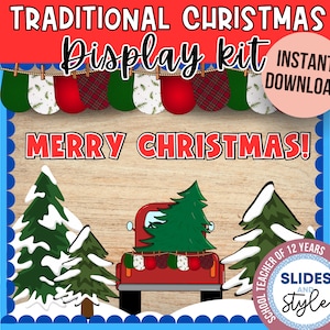 Christmas tree truck bulletin board | Classic Christmas Bulletin Board Decor | Vintage Christmas Bulletin Board | snowy tree | red truck