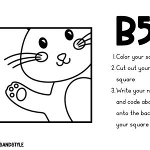 May include: Black and white line drawing of a cartoon cat inside a square. The cat has large eyes, whiskers, and a paw raised. Text on the right reads "B5" and instructions to color, cut, and write on the square.