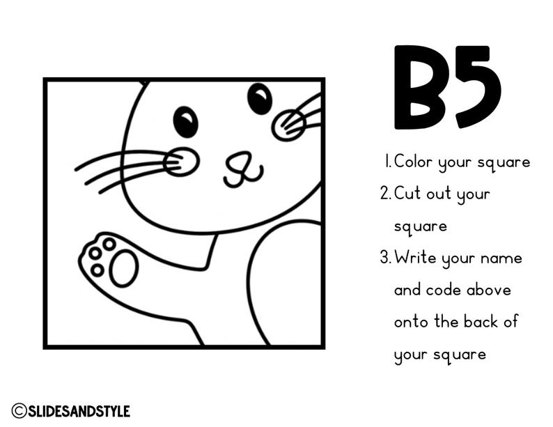 May include: Black and white line drawing of a cartoon cat inside a square. The cat has large eyes, whiskers, and a paw raised. Text on the right reads "B5" and instructions to color, cut, and write on the square.