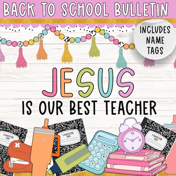 Tablón de anuncios cristiano de regreso a la escuela / Boletín de fe / Boletín de año nuevo de Jesús / aula manchada / decoración en colores pastel / guirnalda de borlas