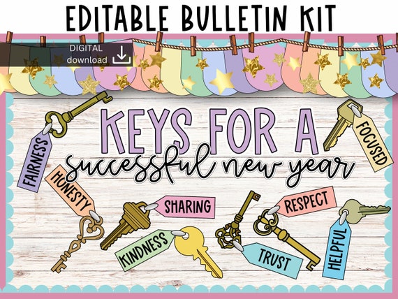 new year bulletin board | pastel bulletin board | editable bulletin board kit | January bulletin board | keys bulletin board | easy bulletin