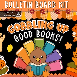 Op de afbeelding: Een digitale prikbordset met de tekst GOBBLING UP GOOD BOOKS! en een centrale kalkoen die een boek vasthoudt, omringd door kleurrijke boekruggen met genre-labels, een pompoen, een egel en een eekhoorn op een zwarte achtergrond.