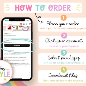 May include: A colorful graphic showing how to order digital products on Etsy. The steps are: 1. Place your order, 2. Click your account, 3. Select purchases, 4. Download files. The graphic includes a screenshot of an Etsy product listing with a button that says "Add to basket".
