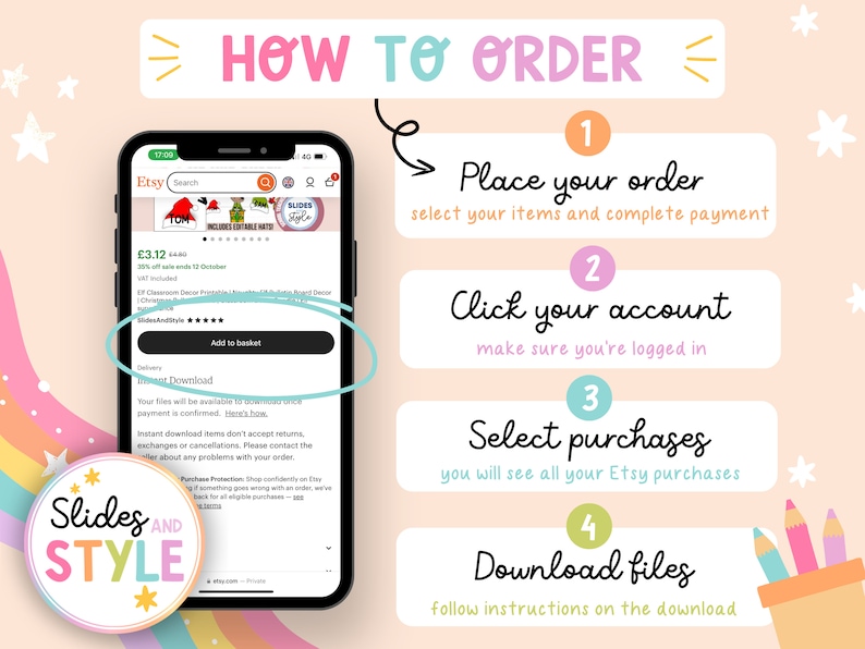 May include: A colorful graphic showing how to order digital products on Etsy. The steps are: 1. Place your order, 2. Click your account, 3. Select purchases, 4. Download files. The graphic includes a screenshot of an Etsy product listing with a button that says "Add to basket".