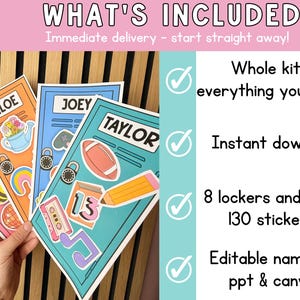May include: A hand holds colorful printable sheets labeled with names like Chloe and Taylor, adorned with stickers of a watering can, football, and cassette tape. The text says "WHAT'S INCLUDED" and lists features like instant download and editable names.