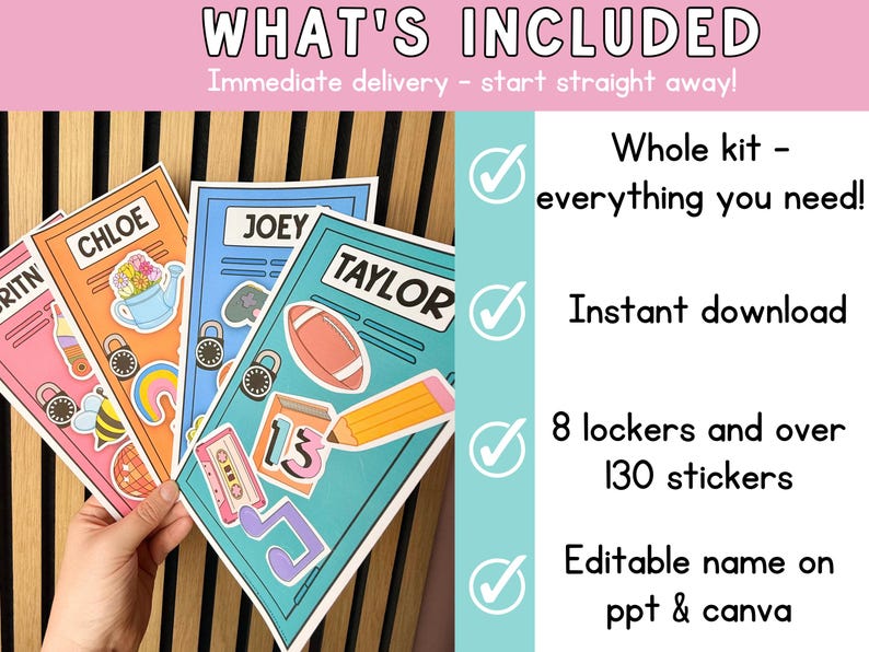 May include: A hand holds colorful printable sheets labeled with names like Chloe and Taylor, adorned with stickers of a watering can, football, and cassette tape. The text says "WHAT'S INCLUDED" and lists features like instant download and editable names.