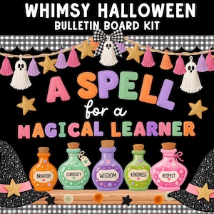 May include: A Whimsy Halloween bulletin board kit featuring a black background with a buffalo check border. The text reads A SPELL for a MAGICAL LEARNER. Decorations include ghosts, stars, tassels, witch hats, pumpkins, and potion bottles.