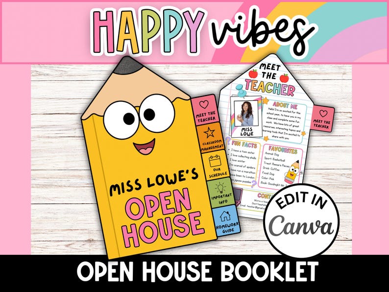May include: A printable open house booklet template featuring a yellow pencil character with a face. The cover reads Miss Lowe's Open House. Inside pages include Meet the Teacher, Classroom Management, Our Schedule, Important Info, and Homework Guide sections. Includes a circular Edit in Canva badge.