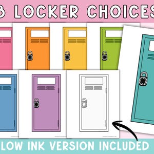 May include: Eight colorful locker choices are displayed, including pink, orange, yellow, green, blue, and purple. Each locker has a combination lock. The phrase "LOW INK VERSION INCLUDED" is at the bottom, with the words "8 LOCKER CHOICES" at the top.