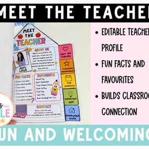 May include: A Meet the Teacher printable template featuring a house-shaped layout with sections for About Me, Fun Facts, Favourites, and Contact information. It includes colorful icons, a pencil character, and five interactive tabs for classroom details.