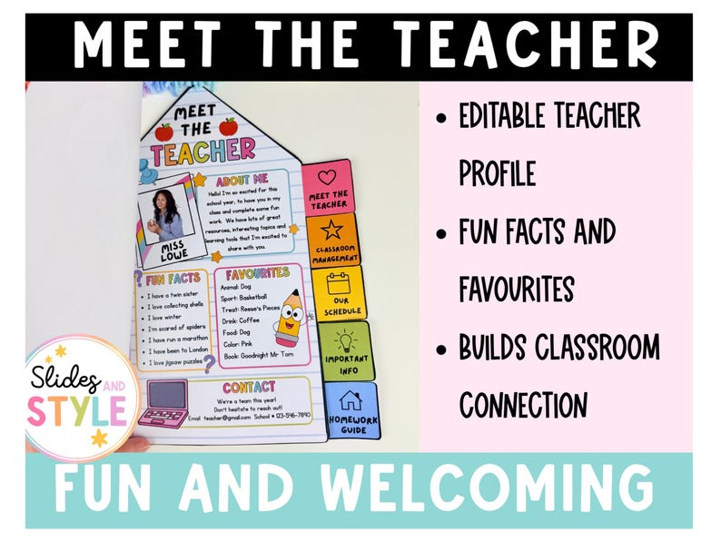 May include: A Meet the Teacher printable template featuring a house-shaped layout with sections for About Me, Fun Facts, Favourites, and Contact information. It includes colorful icons, a pencil character, and five interactive tabs for classroom details.