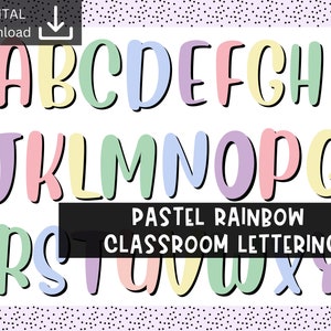 Kit de tablón de anuncios del alfabeto / Decoración de letras de boletín tranquilo / Colores apagados Decoración del aula / Letras del arco iris pastel / Aula de primaria