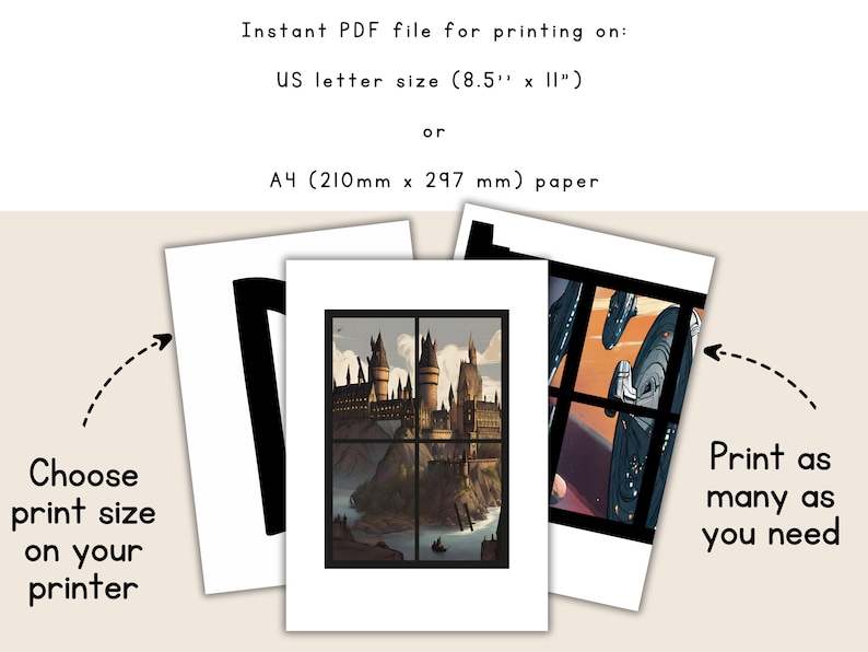 May include: An illustration of Hogwarts castle, a fictional school of witchcraft and wizardry, set against a backdrop of a dark forest and a lake. The image is framed in a white border and is available for printing in US letter size (8.5 inches by 11 inches) or A4 size (210 mm by 297 mm).