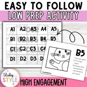 May include: Black and white printable activity sheets with the text "EASY TO FOLLOW LOW PREP ACTIVITY". One sheet has a grid with letters and numbers, the other has a bunny illustration and instructions.