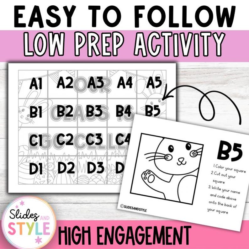 May include: Black and white printable activity sheets with the text "EASY TO FOLLOW LOW PREP ACTIVITY". One sheet has a grid with letters and numbers, the other has a bunny illustration and instructions.