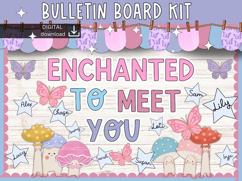 May include: A bulletin board kit with a pink, blue, and purple color scheme. The kit includes a banner with butterflies, stars, and mushrooms. The text "ENCHANTED TO MEET YOU" is displayed in a large font. The kit is designed for a classroom or a child's room.