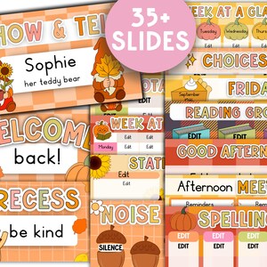 May include: A collection of digital classroom slides with an autumn theme. The slides feature illustrations of gnomes, pumpkins, and acorns, with text such as "Show & Tell," "Welcome Back," and "Recess." The color palette includes orange, yellow, and brown.