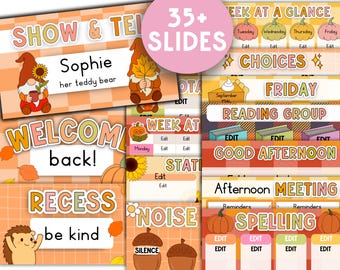 Op de afbeelding: Een verzameling digitale klaslokaal dia's met een herfstthema. De dia's bevatten illustraties van kabouters, pompoenen en eikels, met tekst als "Show & Tell", "Welcome Back" en "Recess". Het kleurenpalet omvat oranje, geel en bruin.
