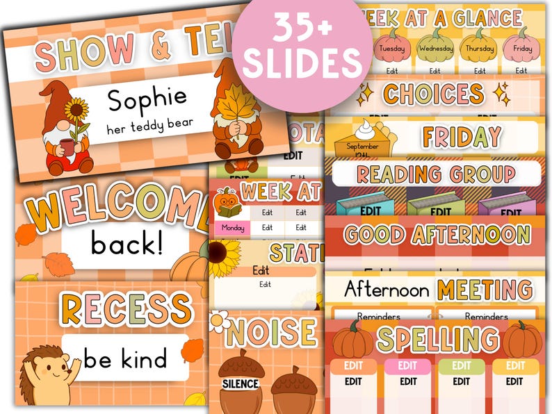May include: A collection of digital classroom slides with an autumn theme. The slides feature illustrations of gnomes, pumpkins, and acorns, with text such as "Show & Tell," "Welcome Back," and "Recess." The color palette includes orange, yellow, and brown.