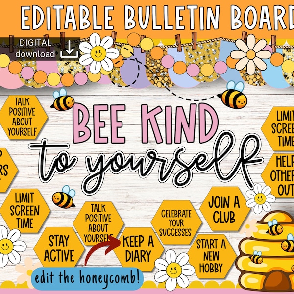 Tablón de anuncios de salud mental / Tablón de anuncios de amabilidad / Tablón de anuncios de positividad / Tablón de anuncios de felicidad / Kit de tablón de anuncios de abejas adorables