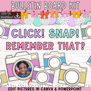 以下が含まれることがあります： ピンクの掲示板キットで、"CLICK! SNAP! REMEMBER THAT?"というテキストと、カラフルなカメラアイコンのボーダーが付いています。キットにはデジタルダウンロードと、CanvaとPowerPointで画像を編集するための手順が含まれています。