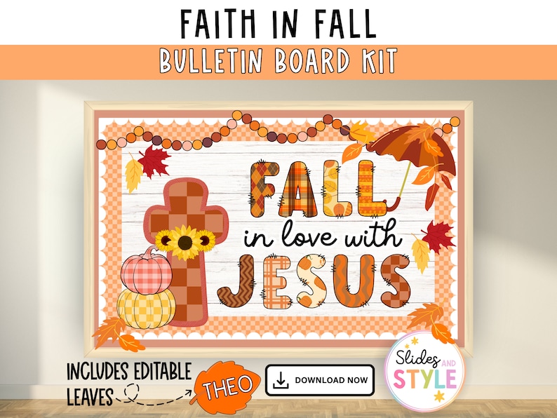 K&ouml;nnte beinhalten: Ein Bulletin Board-Set f&uuml;r ein Klassenzimmer oder eine Kirche mit dem Text "Faith in Fall" und "Fall in love with Jesus". Das Set enth&auml;lt ein Kreuz, K&uuml;rbisse, Bl&auml;tter und ein Patchwork-Banner mit der Aufschrift "Fall". Das Set steht zum Download bereit.