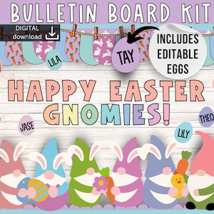 Easter bulletin board | April Bulletin Board | Gnomes bulletin board | pastel door decor | editable clasroom decor