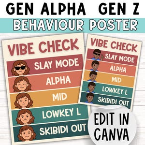 May include: Two posters with the text "GEN ALPHA GEN Z BEHAVIOUR POSTER" and "VIBE CHECK". The posters have illustrations of faces with different expressions, and the words "SLAY MODE", "ALPHA", "MID", "LOWKEY L", and "SKIBIDI OUT". The text "EDIT IN CANVA" is also present.