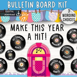 May include: A bulletin board kit with a retro theme. The kit includes 10 round, black vinyl record-shaped pieces with colourful designs and text. The text includes phrases like "Make Good Choices", "Keep Yourself Hydrated", and "Practice Good Habits". The kit also includes a jukebox graphic.