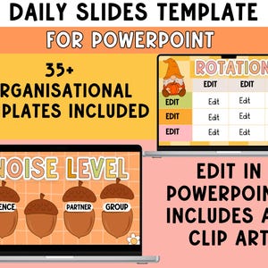 May include: Digital template for PowerPoint with organizational slides. The image shows two laptops displaying templates with text that reads "Daily Slides Template For PowerPoint" and "35+ Organizational Templates Included". One laptop shows a "Noise Level" graphic with acorns.