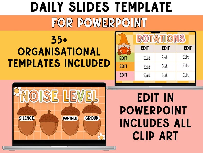 May include: Digital template for PowerPoint with organizational slides. The image shows two laptops displaying templates with text that reads "Daily Slides Template For PowerPoint" and "35+ Organizational Templates Included". One laptop shows a "Noise Level" graphic with acorns.