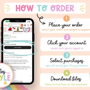 May include: A smartphone screen displays an Etsy listing with the text "HOW TO ORDER" at the top. The image shows a step-by-step guide with numbered instructions and a "Slides and Style" logo. The steps include placing an order, clicking your account, selecting purchases, and downloading files.