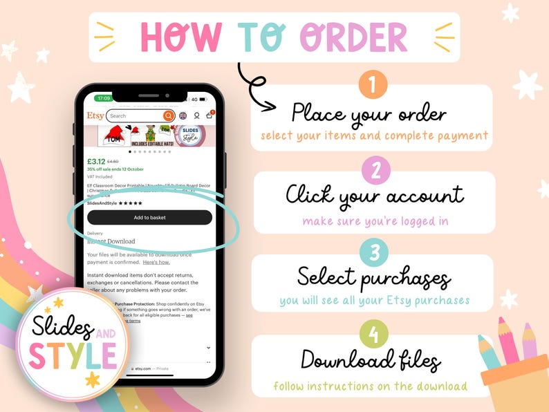 May include: A smartphone screen displays an Etsy listing with the text "HOW TO ORDER" at the top. The image shows a step-by-step guide with numbered instructions and a "Slides and Style" logo. The steps include placing an order, clicking your account, selecting purchases, and downloading files.
