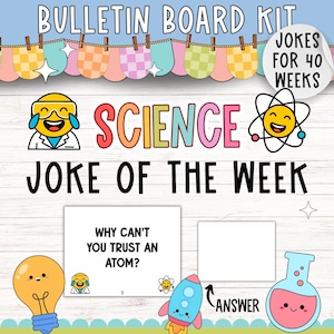 Prikbordpakket wetenschapsgrap van de week | 40 grappen in de klas | STEM-humor voor kinderen | Afdrukbaar decor wetenschapsklas