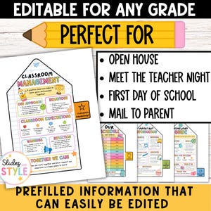 May include: An editable classroom management document featuring a house-shaped layout with sections for approach, behavior, expectations, warnings, and reflection. The text includes 'Classroom Management' and 'Together We Can' with colorful icons and a pencil graphic.