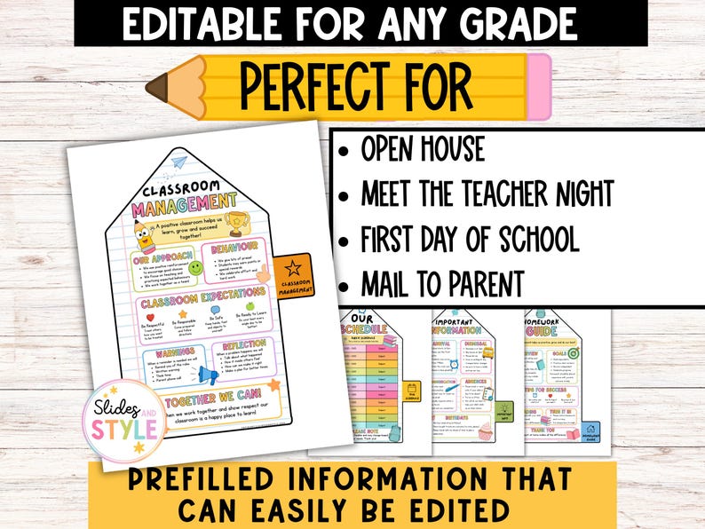 May include: An editable classroom management document featuring a house-shaped layout with sections for approach, behavior, expectations, warnings, and reflection. The text includes 'Classroom Management' and 'Together We Can' with colorful icons and a pencil graphic.