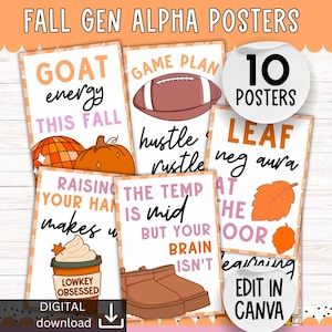 May include: A collection of fall-themed posters with phrases like "GOAT energy" and "hustle rustle." The posters feature illustrations of a football, pumpkin, and coffee cup. The text "10 POSTERS" is also visible.