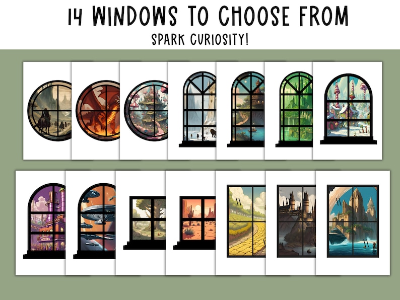 May include: A set of 14 printable window images featuring various scenes, including a dragon, a castle, a spaceship, and a forest. The windows are all in a circular or arched shape and have a black outline. The text "14 WINDOWS TO CHOOSE FROM SPARK CURIOSITY!" is at the top of the image.