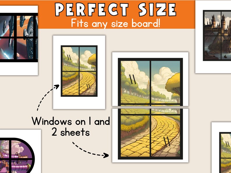 May include: A printable set of two window images for a game board. The images are of a yellow brick road and a forest scene. The text "Windows on 1 and 2 sheets" is included in the image.