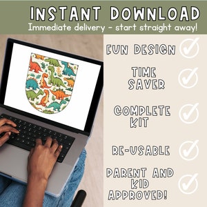 May include: A laptop computer displaying a digital download of a dinosaur-themed printable. The text on the screen reads "INSTANT DOWNLOAD" and "Immediate delivery - start straight away!"  The text on the right side of the screen reads "FUN DESIGN", "TIME SAVER", "COMPLETE KIT", "RE-USABLE", "PARENT AND KID APPROVED!" with checkmarks next to each item.