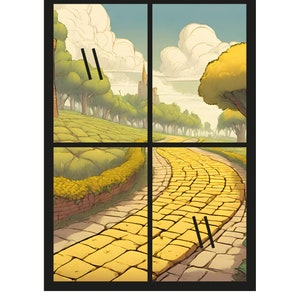 May include: A yellow brick road winds through a green forest with a castle in the distance. The road is made of individual bricks and is surrounded by trees and bushes. The sky is blue with white clouds.
