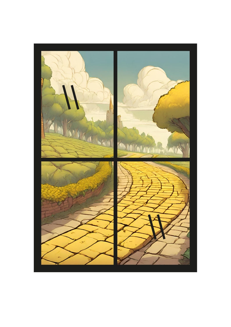 May include: A yellow brick road winds through a green forest with a castle in the distance. The road is made of individual bricks and is surrounded by trees and bushes. The sky is blue with white clouds.